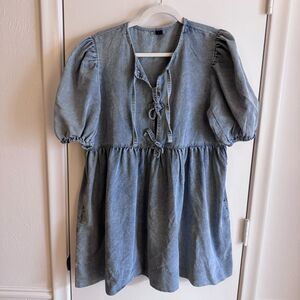 Womens Tie Front Denim A-Line Mini Dress Round Neck Puff Sleeve Pockets Size L